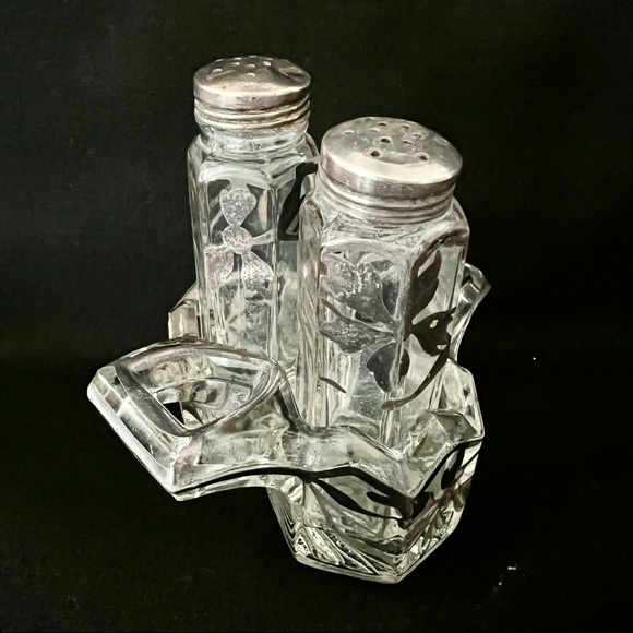 Vintage Silver Over Lay Salt & Pepper Shaker With Caddy